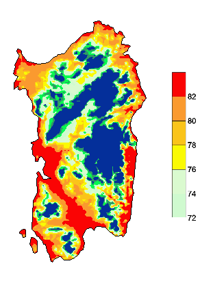 Figura 7 - Mappa di simulazione fenologica per lo Chardonnay in scala BBCH al giorno 24 giugno 2007. (72 = allegagione, 76, 78 = chiusura del grappolo) Figura 7 - Mappa di simulazione fenologica per lo Chardonnay in scala BBCH al giorno 24 giugno 2007. (72 = allegagione, 76, 78 = chiusura del grappolo)