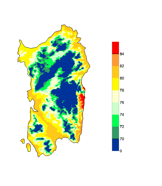 Figura 10 - Mappa di simulazione della fenologia per il Chardonnay in scala BBCH al giorno 12 luglio 2007 (fase 76 = chiusura del grappolo, fase 80 = inizio invaiatura). Figura 10 - Mappa di simulazione della fenologia per il Chardonnay in scala BBCH al giorno 12 luglio 2007 (fase 76 = chiusura del grappolo, fase 80 = inizio invaiatura).