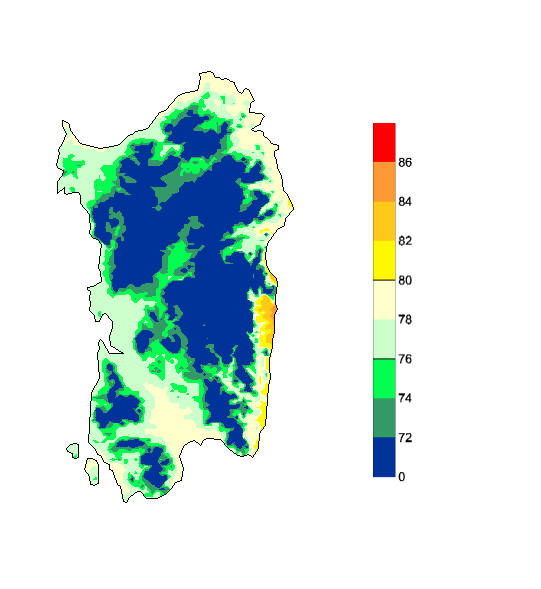 Figura 11 - Mappa di simulazione della fenologia per il Cabernet in scala BBCH al giorno 27 luglio 2007 (fase 76 = chiusura del grappolo, fase 80 = inizio invaiatura). Figura 11 - Mappa di simulazione della fenologia per il Cabernet in scala BBCH al giorno 27 luglio 2007 (fase 76 = chiusura del grappolo, fase 80 = inizio invaiatura).