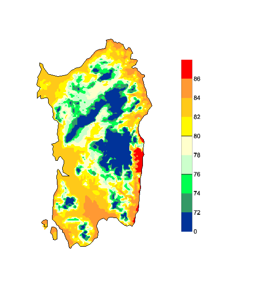 Figura 12 - Mappa di simulazione della fenologia per il Chardonnay in scala BBCH al giorno 27 luglio 2007 (fase 76 = chiusura del grappolo, fase 80 = inizio invaiatura). Figura 12 - Mappa di simulazione della fenologia per il Chardonnay in scala BBCH al giorno 27 luglio 2007 (fase 76 = chiusura del grappolo, fase 80 = inizio invaiatura).