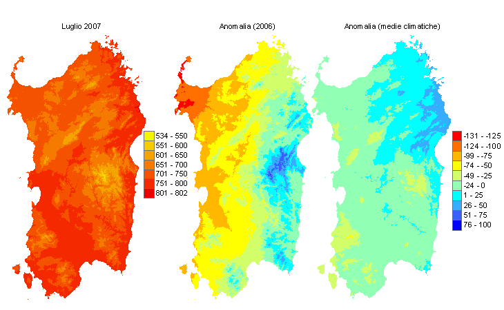 Figura 3 - Mappe di sommatorie termiche in base 0 °C calcolate per il mese di luglio 2007 e raffronto con l'anno precedente e con i valori medi trentennali. Figura 3 - Mappe di sommatorie termiche in base 0 °C calcolate per il mese di luglio 2007 e raffronto con l'anno precedente e con i valori medi trentennali.
