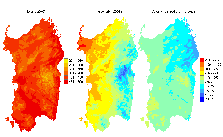 Figura 4 - Mappe di sommatorie termiche in base 10 °C calcolate per il mese di luglio 2007 e raffronto con l'anno precedente e con i valori medi trentennali. Figura 4 - Mappe di sommatorie termiche in base 10 °C calcolate per il mese di luglio 2007 e raffronto con l'anno precedente e con i valori medi trentennali.