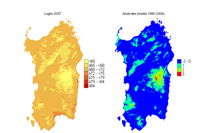 Figura 5 - Mappe di THI per il mese di luglio 2007 e raffronto con i valori medi del decennio 1995-2004. Figura 5 - Mappe di THI per il mese di luglio 2007 e raffronto con i valori medi del decennio 1995-2004.
