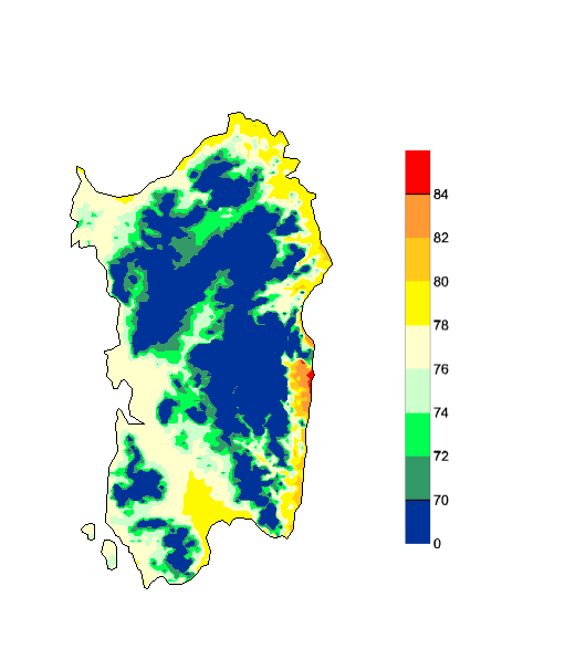 Figura 9 - Mappa di simulazione della fenologia per il Cabernet in scala BBCH al giorno 12 luglio 2007 (fase 76 = chiusura del grappolo, fase 80 = inizio invaiatura). Figura 9 - Mappa di simulazione della fenologia per il Cabernet in scala BBCH al giorno 12 luglio 2007 (fase 76 = chiusura del grappolo, fase 80 = inizio invaiatura).