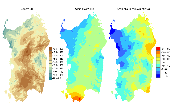 Figura 2 - Mappe di bilancio idro-meteorologico di agosto 2007 e di anomalia rispetto all'anno precedente e ai valori medi trentennali. Figura 2 - Mappe di bilancio idro-meteorologico di agosto 2007 e di anomalia rispetto all'anno precedente e ai valori medi trentennali.