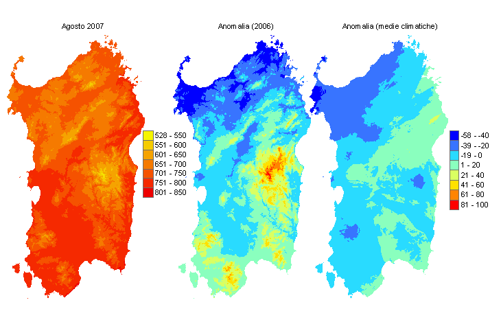 Figura 3 - Mappe di sommatorie termiche in base 0 °C calcolate per il mese di agosto 2007 e raffronto con l'anno precedente e con i valori medi trentennali. Figura 3 - Mappe di sommatorie termiche in base 0 °C calcolate per il mese di agosto 2007 e raffronto con l'anno precedente e con i valori medi trentennali.