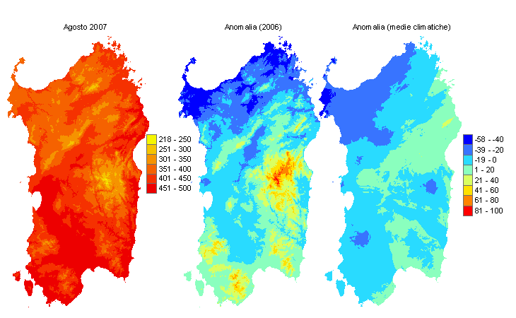 Figura 4 - Mappe di sommatorie termiche in base 10 °C calcolate per il mese di agosto 2007 e raffronto con l'anno precedente e con i valori medi trentennali. Figura 4 - Mappe di sommatorie termiche in base 10 °C calcolate per il mese di agosto 2007 e raffronto con l'anno precedente e con i valori medi trentennali.