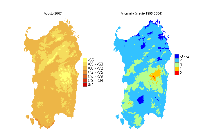 Figura 5 - Mappe di THI per il mese di agosto 2007 e raffronto con i valori medi del decennio 1995-2004. Figura 5 - Mappe di THI per il mese di agosto 2007 e raffronto con i valori medi del decennio 1995-2004.