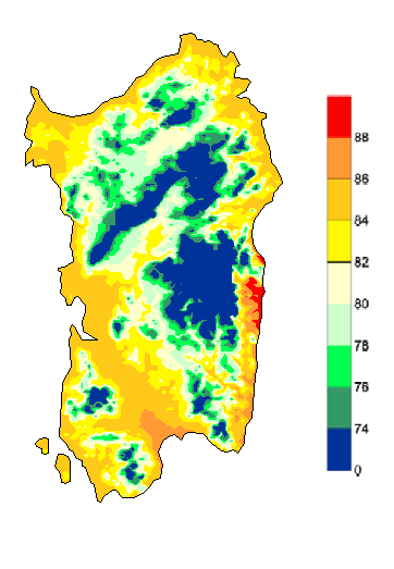 Figura 9 - Mappa fenologica della vite (cv Cabernet) per la Sardegna, realizzata nell'ambito del progetto Iphen. - Fase 76 = chiusura del grappolo, fase 80 = invaiatura, fase 82= inizio maturazione). Figura 9 - Mappa fenologica della vite (cv Cabernet) per la Sardegna, realizzata nell'ambito del progetto Iphen. - Fase 76 = chiusura del grappolo, fase 80 = invaiatura, fase 82= inizio maturazione).