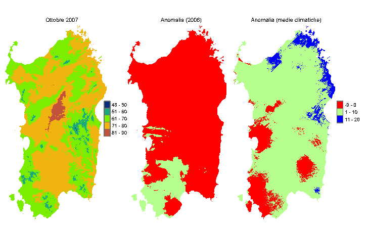 Figura 1 - Mappe di evapotraspirazione potenziale (o di riferimento) di ottobre 2007 e di anomalia rispetto all'anno precedente e ai valori medi trentennali. Figura 1 - Mappe di evapotraspirazione potenziale (o di riferimento) di ottobre 2007 e di anomalia rispetto all'anno precedente e ai valori medi trentennali.