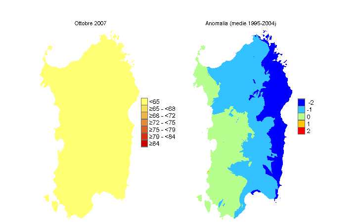 Figura 10 - Mappe di THI per il mese di ottobre 2007 e raffronto con i valori medi del decennio 1995-2004. Figura 10 - Mappe di THI per il mese di ottobre 2007 e raffronto con i valori medi del decennio 1995-2004.