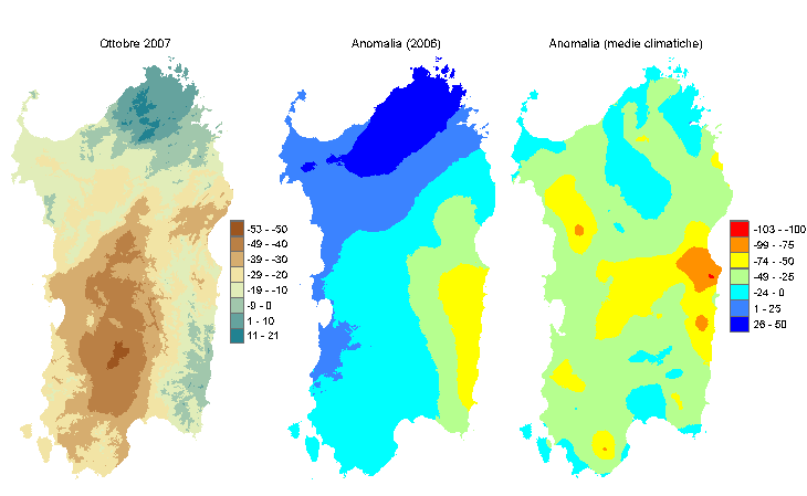 Figura 2 - Mappe di bilancio idro-meteorologico di ottobre 2007 e di anomalia rispetto all'anno precedente e ai valori medi trentennali. Figura 2 - Mappe di bilancio idro-meteorologico di ottobre 2007 e di anomalia rispetto all'anno precedente e ai valori medi trentennali.