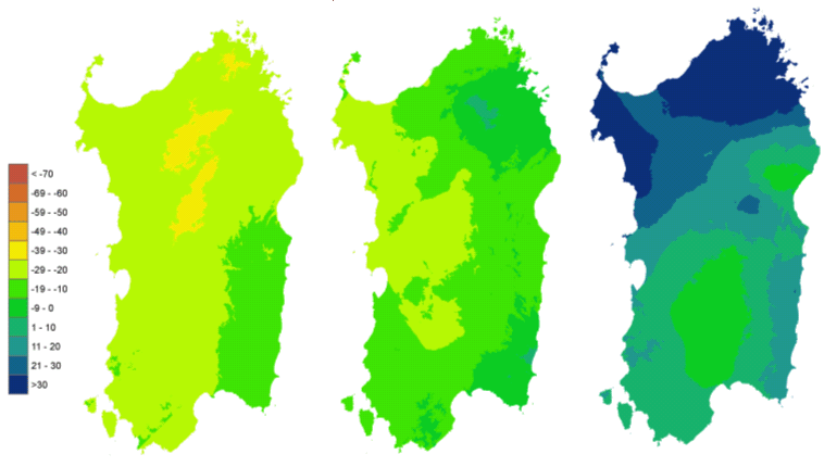 Figura 3 - Mappe di bilancio idro-meteorologico della I, II e III decade di ottobre 2007. Figura 3 - Mappe di bilancio idro-meteorologico della I, II e III decade di ottobre 2007.