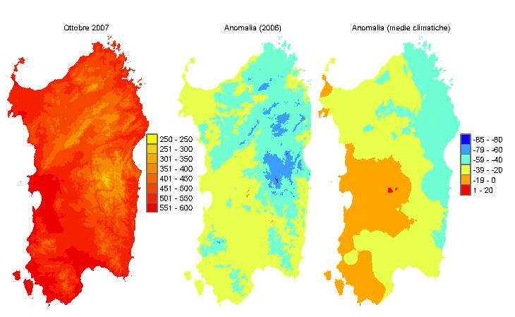 Figura 4 - Mappe di sommatorie termiche in base 0 °C calcolate per il mese di ottobre 2007 e raffronto con l'anno precedente e con i valori medi trentennali. Figura 4 - Mappe di sommatorie termiche in base 0 °C calcolate per il mese di ottobre 2007 e raffronto con l'anno precedente e con i valori medi trentennali.