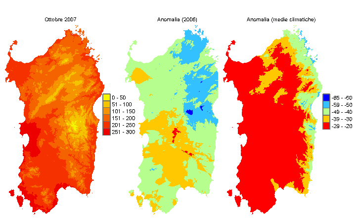 Figura 5 - Mappe di sommatorie termiche in base 10 °C calcolate per il mese di ottobre 2007 e raffronto con l'anno precedente e con i valori medi trentennali. Figura 5 - Mappe di sommatorie termiche in base 10 °C calcolate per il mese di ottobre 2007 e raffronto con l'anno precedente e con i valori medi trentennali.