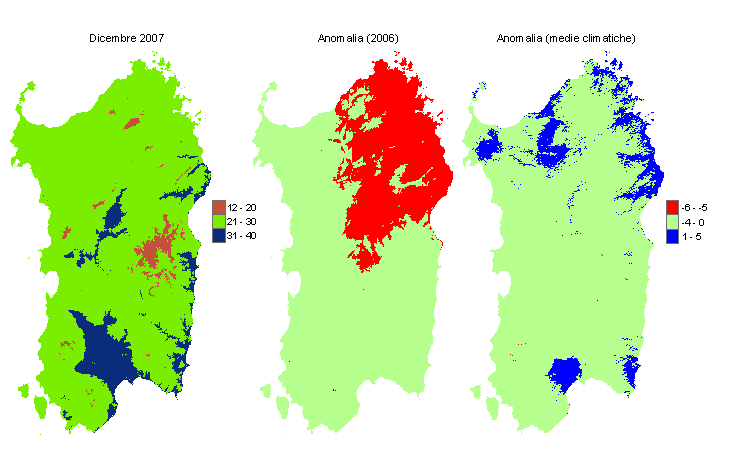 Figura 1 - Mappe di evapotraspirazione potenziale (o di riferimento) di dicembre 2007 e di anomalia rispetto all'anno precedente e ai valori medi trentennali. Figura 1 - Mappe di evapotraspirazione potenziale (o di riferimento) di dicembre 2007 e di anomalia rispetto all'anno precedente e ai valori medi trentennali.