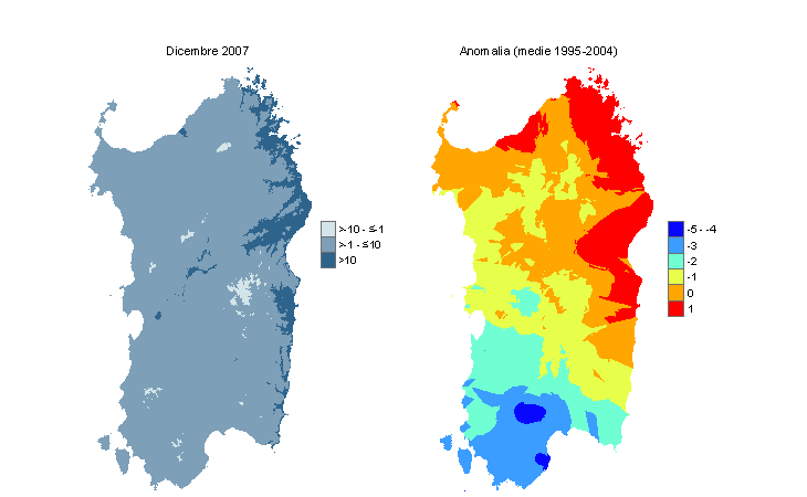 Figura 10 - Mappe di WCI per il mese di dicembre 2007 e raffronto con i valori medi del decennio 1995-2004. Figura 10 - Mappe di WCI per il mese di dicembre 2007 e raffronto con i valori medi del decennio 1995-2004.
