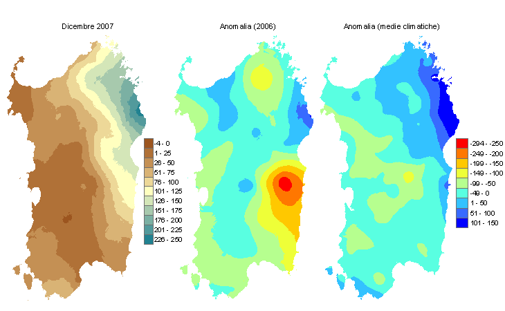Figura 2 - Mappe di bilancio idro-meteorologico di dicembre 2007 e di anomalia rispetto all'anno precedente e ai valori medi trentennali. Figura 2 - Mappe di bilancio idro-meteorologico di dicembre 2007 e di anomalia rispetto all'anno precedente e ai valori medi trentennali.