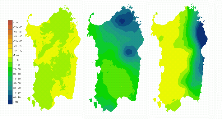 Figura 3 - Mappe di bilancio idro-meteorologico della I, II e III decade di dicembre 2007. Figura 3 - Mappe di bilancio idro-meteorologico della I, II e III decade di dicembre 2007.