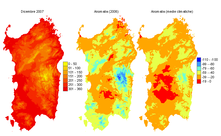 Figura 4 - Mappe di sommatorie termiche in base 0 °C calcolate per il mese di dicembre 2007 e raffronto con l'anno precedente e con i valori medi trentennali. Figura 4 - Mappe di sommatorie termiche in base 0 °C calcolate per il mese di dicembre 2007 e raffronto con l'anno precedente e con i valori medi trentennali.