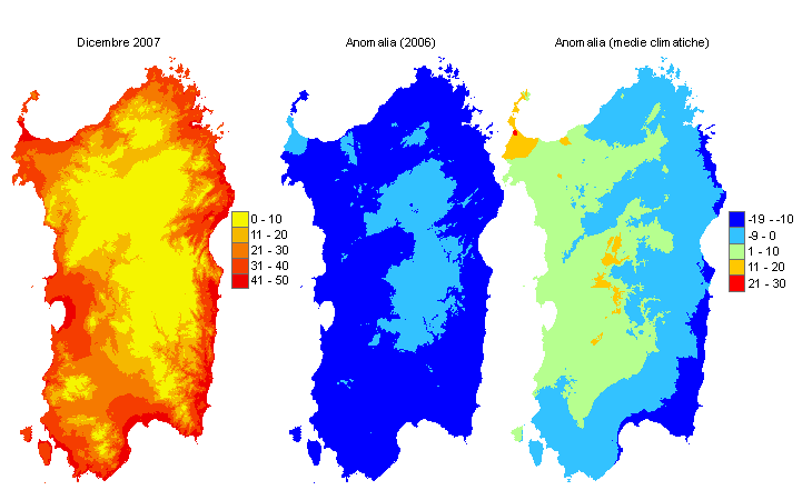 Figura 5 - Mappe di sommatorie termiche in base 10 °C calcolate per il mese di dicembre 2007 e raffronto con l'anno precedente e con i valori medi trentennali. Figura 5 - Mappe di sommatorie termiche in base 10 °C calcolate per il mese di dicembre 2007 e raffronto con l'anno precedente e con i valori medi trentennali.