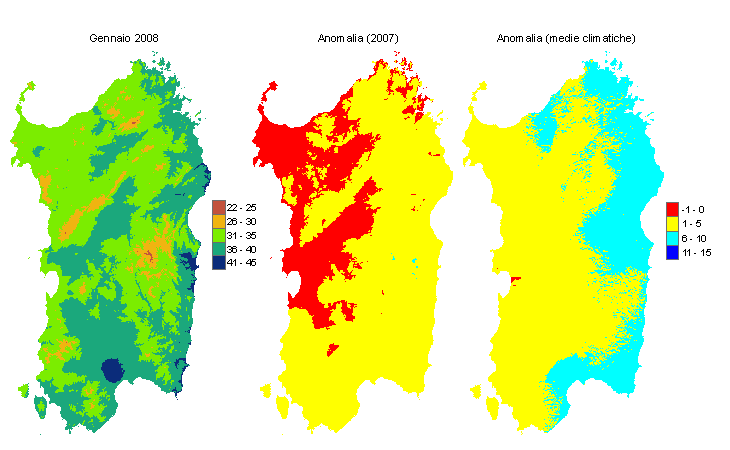 Figura 1 - Mappe di evapotraspirazione potenziale (o di riferimento) di gennaio 2008 e di anomalia rispetto all'anno precedente e ai valori medi trentennali. Figura 1 - Mappe di evapotraspirazione potenziale (o di riferimento) di gennaio 2008 e di anomalia rispetto all'anno precedente e ai valori medi trentennali.