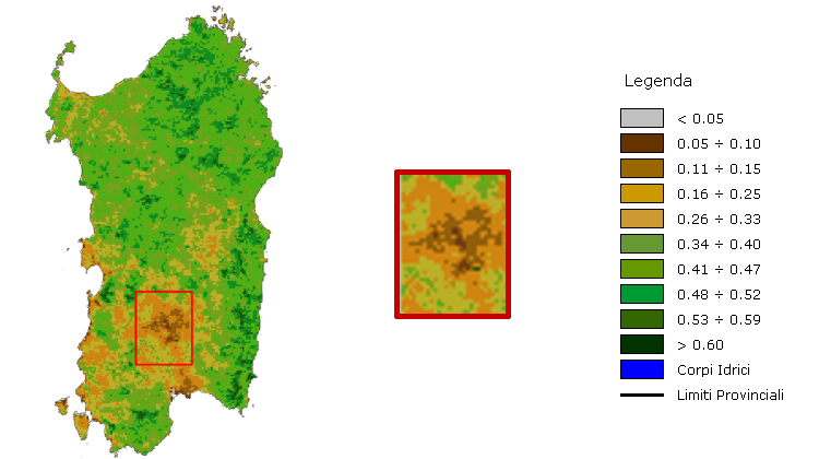 Figura 11 - Analisi di dettaglio dell'Indice di Vegetazione NDVI medio della prima decade di dicembre 2007. Figura 11 - Analisi di dettaglio dell'Indice di Vegetazione NDVI medio della prima decade di dicembre 2007.