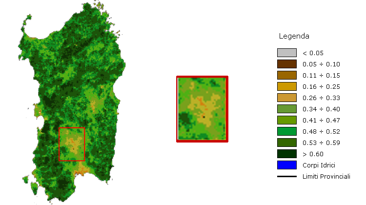 Figura 12 - Analisi di dettaglio dell'Indice di Vegetazione NDVI medio della terza decade di gennaio 2008. Figura 12 - Analisi di dettaglio dell'Indice di Vegetazione NDVI medio della terza decade di gennaio 2008.