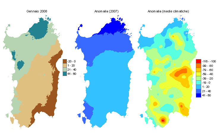 Figura 2 - Mappe di bilancio idro-meteorologico di gennaio 2008 e di anomalia rispetto all'anno precedente e ai valori medi trentennali. Figura 2 - Mappe di bilancio idro-meteorologico di gennaio 2008 e di anomalia rispetto all'anno precedente e ai valori medi trentennali.