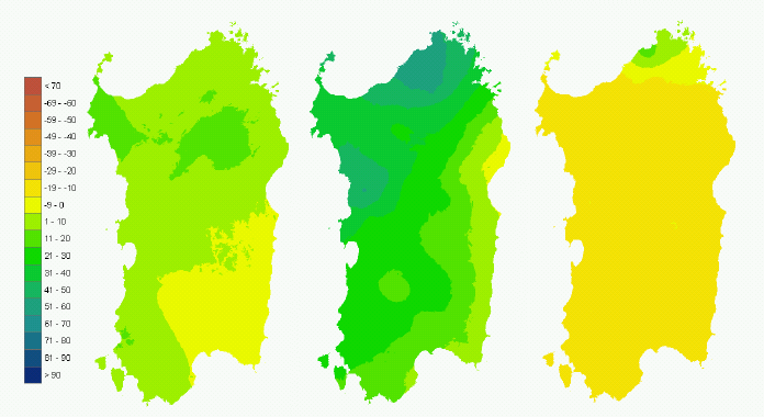 Figura 3 - Mappe di bilancio idro-meteorologico della I, II e III decade di gennaio 2008. Figura 3 - Mappe di bilancio idro-meteorologico della I, II e III decade di gennaio 2008.