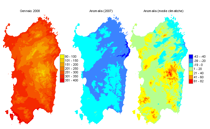 Figura 4 - Mappe di sommatorie termiche in base 0 °C calcolate per il mese di gennaio 2008 e raffronto con l'anno precedente e con i valori medi trentennali. Figura 4 - Mappe di sommatorie termiche in base 0 °C calcolate per il mese di gennaio 2008 e raffronto con l'anno precedente e con i valori medi trentennali.