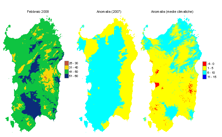 Figura 1 - Mappe di evapotraspirazione potenziale (o di riferimento) di febbraio 2008 e di anomalia rispetto all'anno precedente e ai valori medi trentennali. Figura 1 - Mappe di evapotraspirazione potenziale (o di riferimento) di febbraio 2008 e di anomalia rispetto all'anno precedente e ai valori medi trentennali.