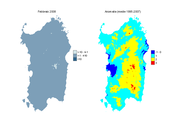 Figura 10 - Mappe di Wind Chill per il mese di febbraio 2008 e raffronto con i valori medi del decennio 1995-2007. Figura 10 - Mappe di Wind Chill per il mese di febbraio 2008 e raffronto con i valori medi del decennio 1995-2007.