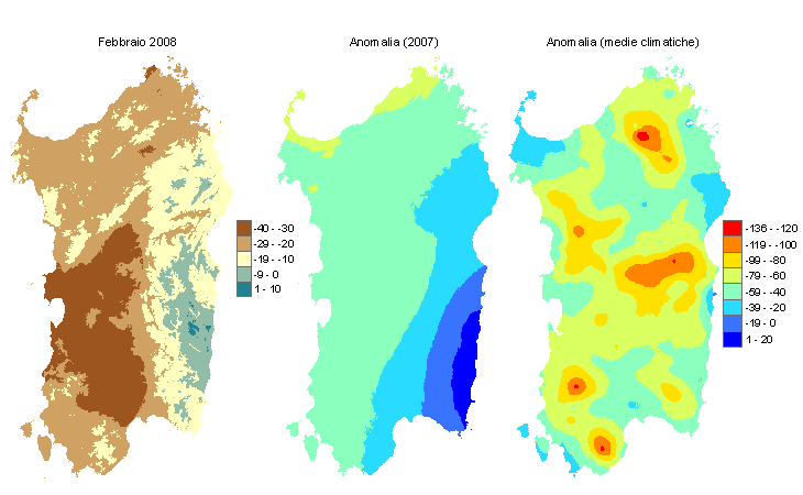 Figura 2 - Mappe di bilancio idro-meteorologico di febbraio 2008 e di anomalia rispetto all'anno precedente e ai valori medi trentennali. Figura 2 - Mappe di bilancio idro-meteorologico di febbraio 2008 e di anomalia rispetto all'anno precedente e ai valori medi trentennali.