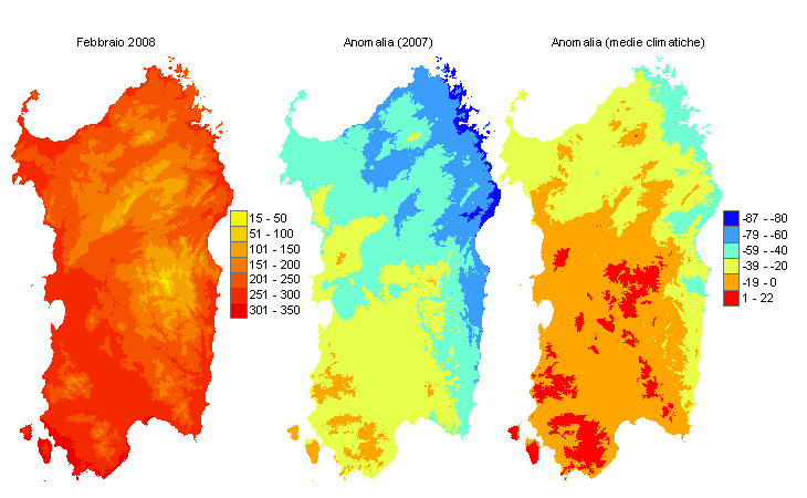 Figura 4 - Mappe di sommatorie termiche in base 0 °C calcolate per il mese di febbraio 2008 e raffronto con l'anno precedente e con i valori medi trentennali. Figura 4 - Mappe di sommatorie termiche in base 0 °C calcolate per il mese di febbraio 2008 e raffronto con l'anno precedente e con i valori medi trentennali.