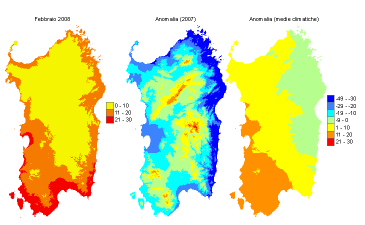 Figura 5 - Mappe di sommatorie termiche in base 10 °C calcolate per il mese di febbraio 2008 e raffronto con l'anno precedente e con i valori medi trentennali. Figura 5 - Mappe di sommatorie termiche in base 10 °C calcolate per il mese di febbraio 2008 e raffronto con l'anno precedente e con i valori medi trentennali.