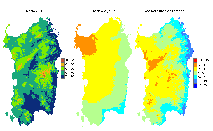 Figura 1 - Mappe di evapotraspirazione potenziale (o di riferimento) di marzo 2008 e di anomalia rispetto all'anno precedente e ai valori medi trentennali. Figura 1 - Mappe di evapotraspirazione potenziale (o di riferimento) di marzo 2008 e di anomalia rispetto all'anno precedente e ai valori medi trentennali.