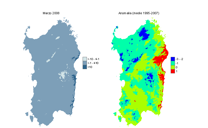 Figura 10 - Mappe di Wind Chill per il mese di marzo 2008 e raffronto con i valori medi del decennio 1995-2007. Figura 10 - Mappe di Wind Chill per il mese di marzo 2008 e raffronto con i valori medi del decennio 1995-2007.