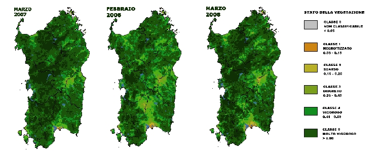 Figura 12 - Mappe di NDVI elaborate per il mese di marzo 2008 e raffronto rispetto ai valori del mese precedente e del mese di marzo 2007. Figura 12 - Mappe di NDVI elaborate per il mese di marzo 2008 e raffronto rispetto ai valori del mese precedente e del mese di marzo 2007.
