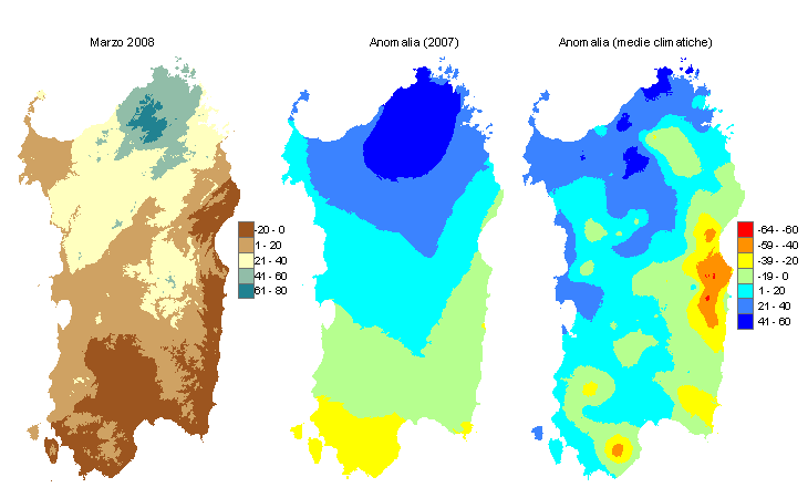 Figura 2 - Mappe di bilancio idro-meteorologico di marzo 2008 e di anomalia rispetto all'anno precedente e ai valori medi trentennali.