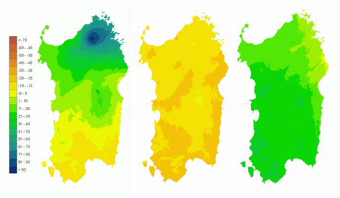 Figura 3 - Mappe di bilancio idro-meteorologico della I, II e III decade di marzo 2008. Figura 3 - Mappe di bilancio idro-meteorologico della I, II e III decade di marzo 2008.
