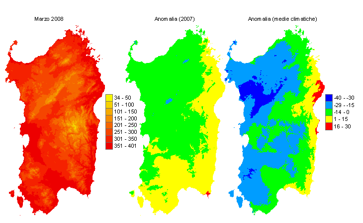 Figura 4 - Mappe di sommatorie termiche in base 0 °C calcolate per il mese di marzo 2008 e raffronto con l'anno precedente e con i valori medi trentennali. Figura 4 - Mappe di sommatorie termiche in base 0 °C calcolate per il mese di marzo 2008 e raffronto con l'anno precedente e con i valori medi trentennali.