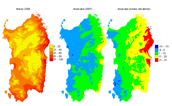 Figura 5 - Mappe di sommatorie termiche in base 10 °C calcolate per il mese di marzo 2008 e raffronto con l'anno precedente e con i valori medi trentennali. Figura 5 - Mappe di sommatorie termiche in base 10 °C calcolate per il mese di marzo 2008 e raffronto con l'anno precedente e con i valori medi trentennali.
