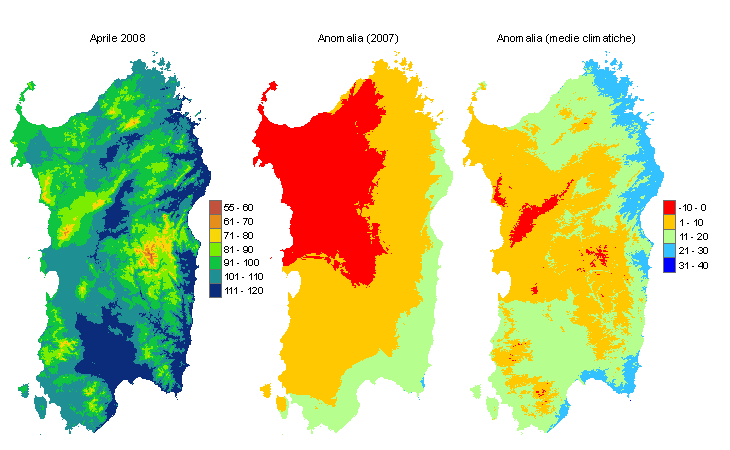 Figura 1 - Mappe di evapotraspirazione potenziale (o di riferimento) di aprile 2008 e di anomalia rispetto all'anno precedente e ai valori medi trentennali. Figura 1 - Mappe di evapotraspirazione potenziale (o di riferimento) di aprile 2008 e di anomalia rispetto all'anno precedente e ai valori medi trentennali.