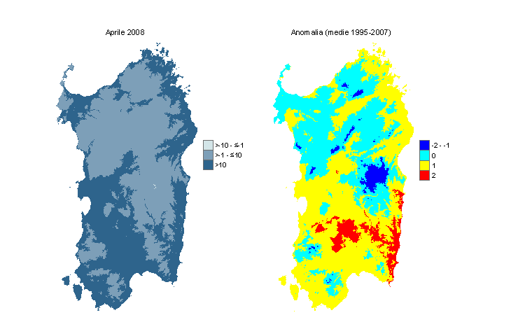 Figura 10 - Mappe di Wind Chill per il mese di aprile 2008 e raffronto con i valori medi del periodo 1995-2007. Figura 10 - Mappe di Wind Chill per il mese di aprile 2008 e raffronto con i valori medi del periodo 1995-2007.