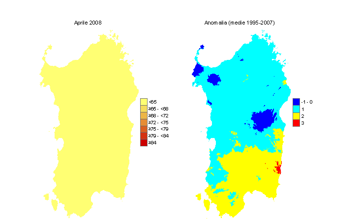 Figura 12 - Mappe di THI per il mese di aprile 2008 e raffronto con i valori medi del periodo 1995-2007. Figura 12 - Mappe di THI per il mese di aprile 2008 e raffronto con i valori medi del periodo 1995-2007.