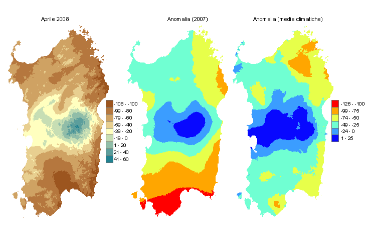 Figura 2 - Mappe di bilancio idro-meteorologico di aprile 2008 e di anomalia rispetto all'anno precedente e ai valori medi trentennali. Figura 2 - Mappe di bilancio idro-meteorologico di aprile 2008 e di anomalia rispetto all'anno precedente e ai valori medi trentennali.