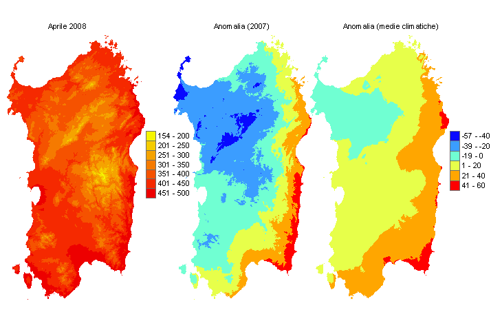 Figura 4 - Mappe di sommatorie termiche in base 0 °C calcolate per il mese di aprile 2008 e raffronto con l'anno precedente e con i valori medi trentennali. Figura 4 - Mappe di sommatorie termiche in base 0 °C calcolate per il mese di aprile 2008 e raffronto con l'anno precedente e con i valori medi trentennali.