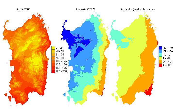 Figura 5 - Mappe di sommatorie termiche in base 10 °C calcolate per il mese di aprile 2008 e raffronto con l'anno precedente e con i valori medi trentennali. Figura 5 - Mappe di sommatorie termiche in base 10 °C calcolate per il mese di aprile 2008 e raffronto con l'anno precedente e con i valori medi trentennali.
