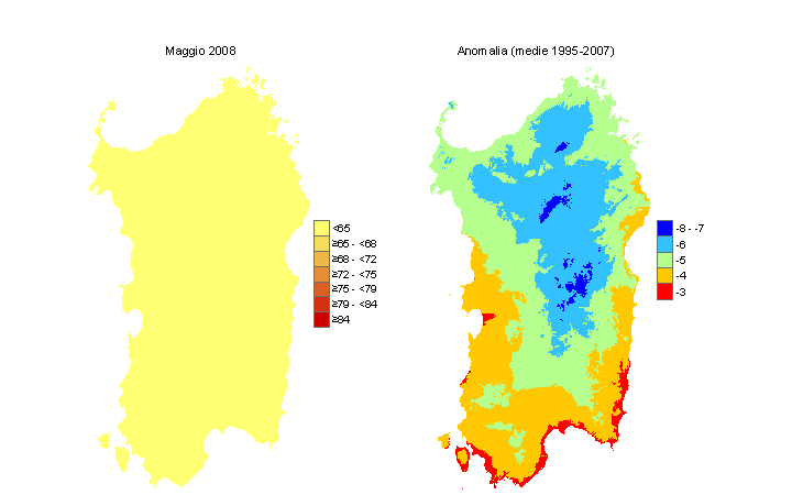 Figura 12 - Mappe di THI per il mese di maggio 2008 e raffronto con i valori medi del periodo 1995-2007. Figura 12 - Mappe di THI per il mese di maggio 2008 e raffronto con i valori medi del periodo 1995-2007.